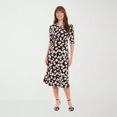 London Times Womens 3/4 Sleeve Floral Midi Fit + Flare Dress