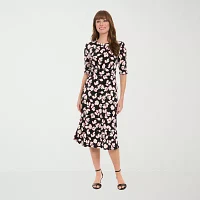 London Times Womens 3/4 Sleeve Floral Midi Fit + Flare Dress