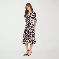 London Times Womens 3/4 Sleeve Floral Midi Fit + Flare Dress