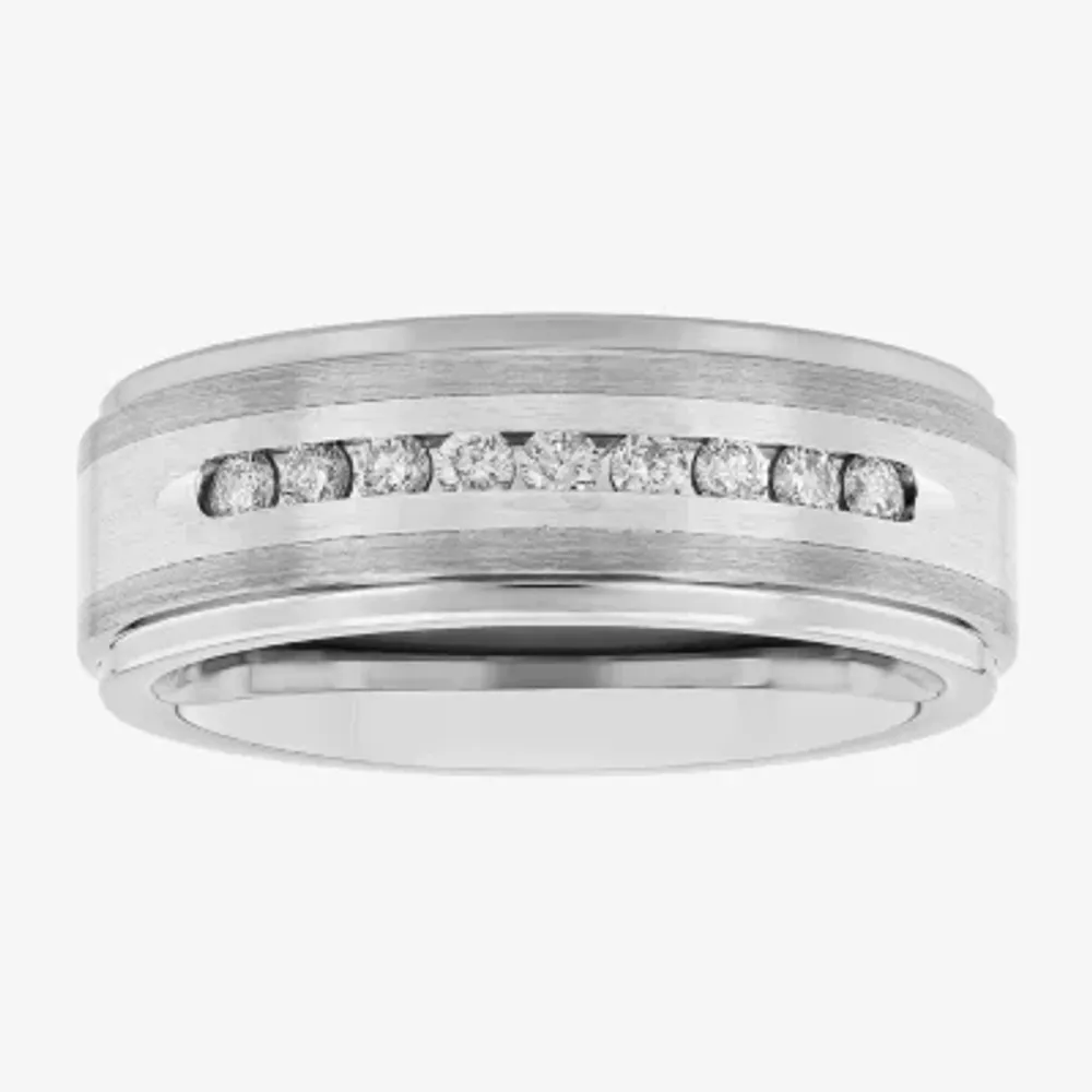Mens 8MM 1/4 CT. T.W. Natural White Diamond Stainless Steel Tungsten Wedding Band