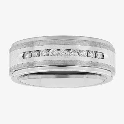 Mens 8MM 1/4 CT. T.W. Natural White Diamond Stainless Steel Tungsten Wedding Band