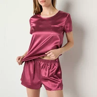 Ambrielle Womens Satin Short Sleeve Crew Neck 2-pc. Shorts Pajama Set