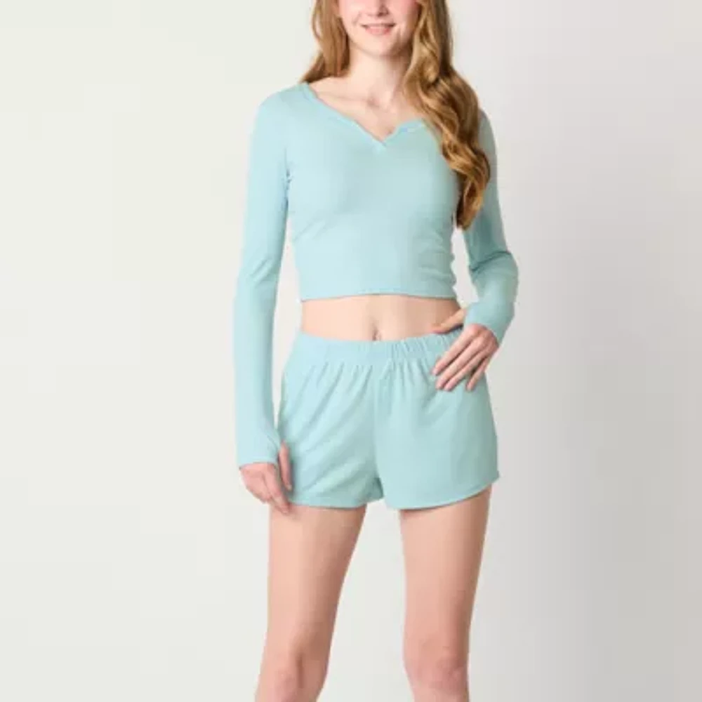 Arizona Body Womens Juniors Rib Long Sleeve 2-pc. Shorts Pajama Set