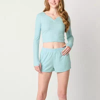 Arizona Body Womens Juniors Rib Long Sleeve 2-pc. Shorts Pajama Set