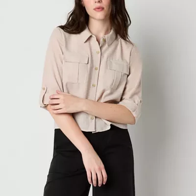 by&by Juniors Womens 3/4 Sleeve Boxy Fit Button-Down Shirt