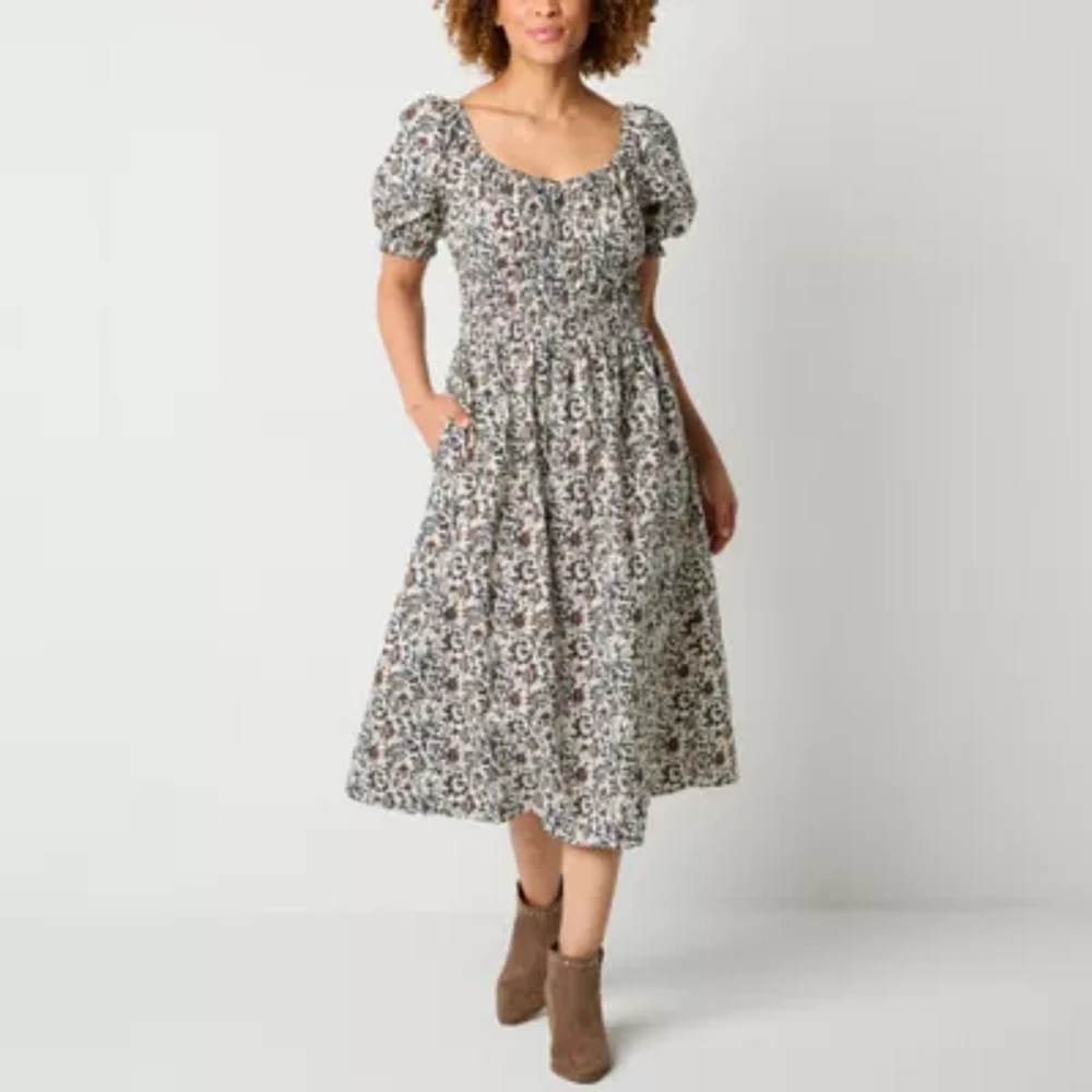 a.n.a Womens Short Sleeve Floral Midi A-Line Dress