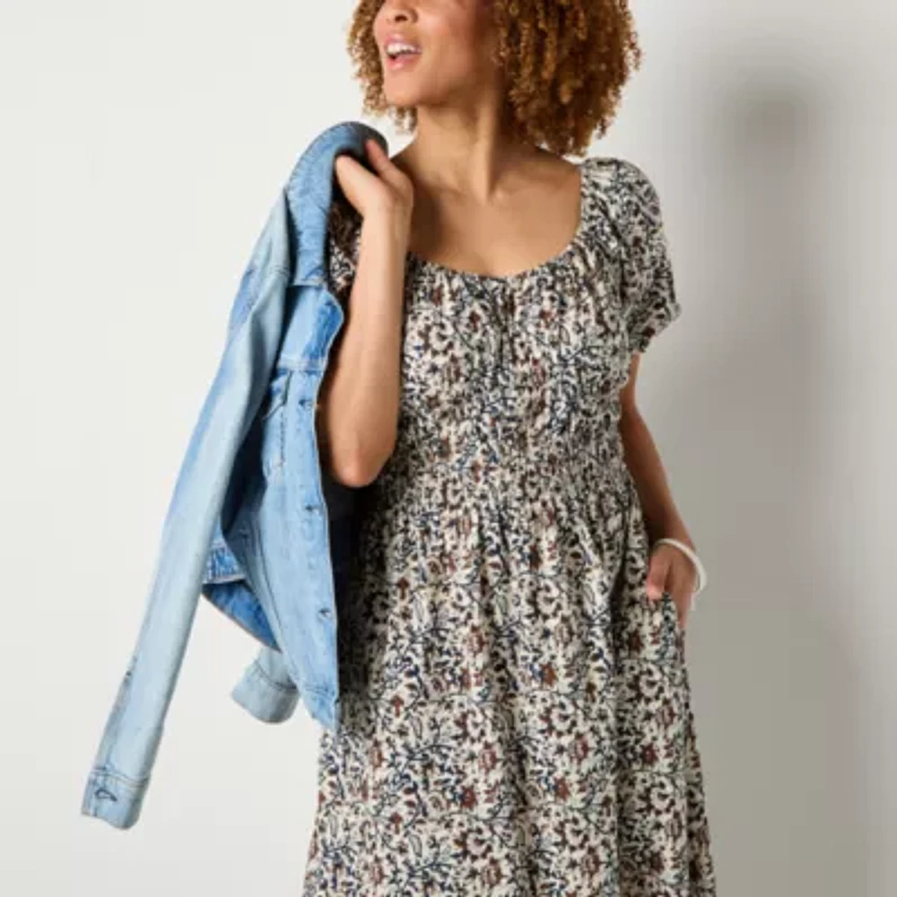 a.n.a Womens Short Sleeve Floral Midi A-Line Dress