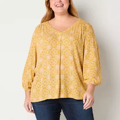 St. John's Bay Plus Womens V Neck 3/4 Sleeve Blouse