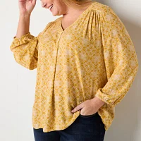 St. John's Bay Plus Womens V Neck 3/4 Sleeve Blouse