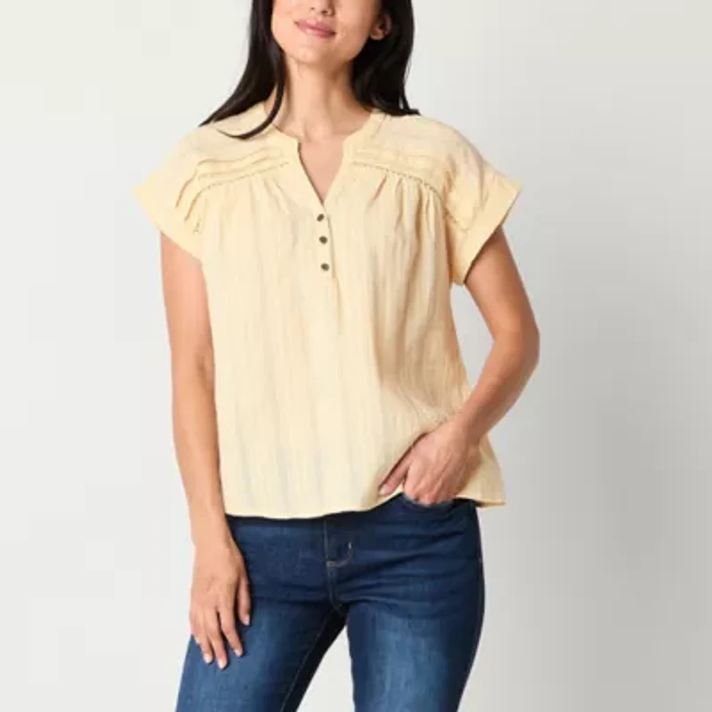 Frye and Co. Womens Split Crew Neck Short Sleeve Blouse