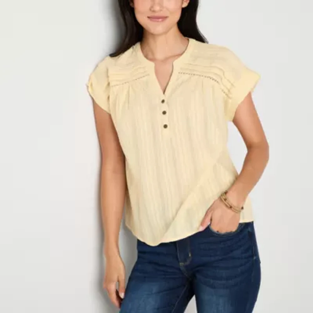 Frye and Co. Womens Split Crew Neck Short Sleeve Blouse