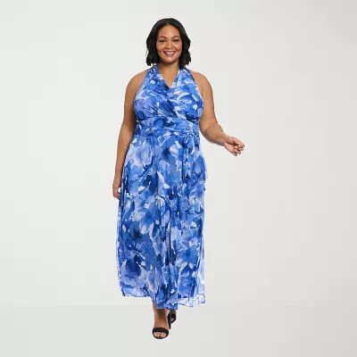 London Times Womens Sleeveless Floral Maxi Dress Plus
