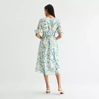 Perceptions Womens Short Sleeve Floral Midi Fit + Flare Dress