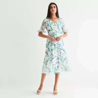 Perceptions Womens Short Sleeve Floral Midi Fit + Flare Dress