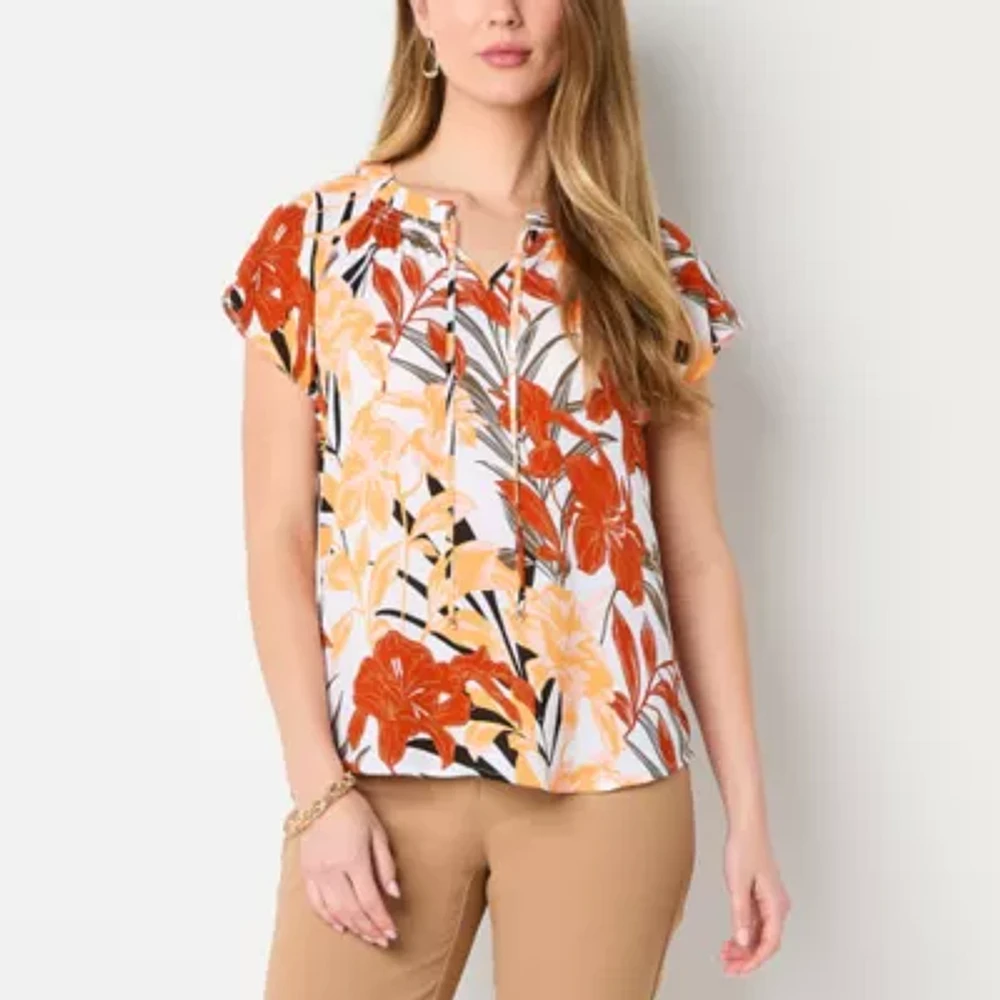 Liz Claiborne Womens Split Tie Neck Short Sleeve Blouse