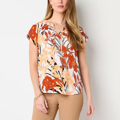 Liz Claiborne Womens Split Tie Neck Short Sleeve Blouse