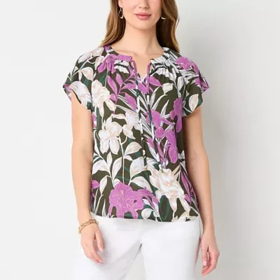 Liz Claiborne Womens Split Tie Neck Short Sleeve Blouse