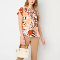 Liz Claiborne Womens Split Tie Neck Short Sleeve Blouse