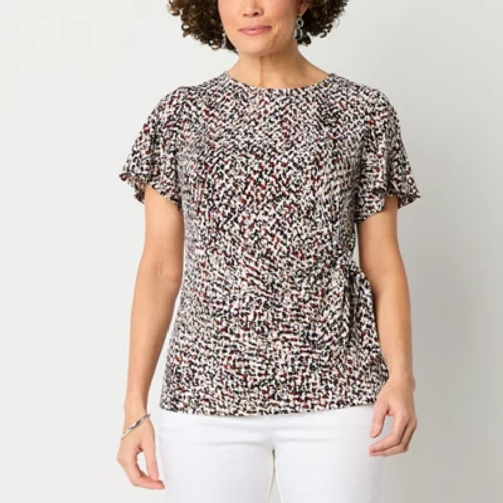 Liz Claiborne Womens Round Neck Short Sleeve Blouse