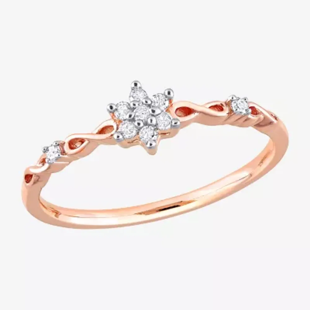 Womens 1/10 CT. T.W. Natural White Diamond 18K Rose Gold Over Silver Flower Delicate Stackable Ring