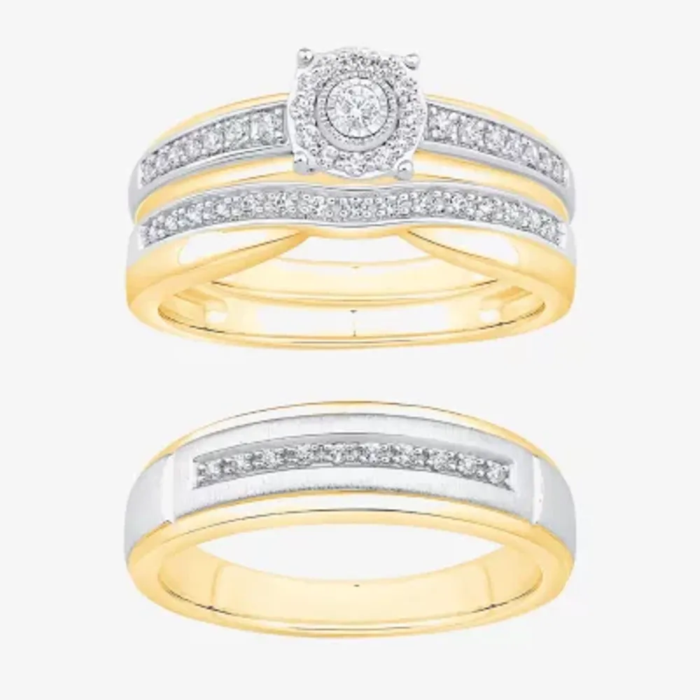 Unisex Adult 1/ CT. T.W. Natural White Diamond 10K Two Tone Gold Side Stone Halo Bridal Set
