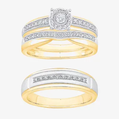 Unisex Adult 1/ CT. T.W. Natural White Diamond 10K Two Tone Gold Side Stone Halo Bridal Set