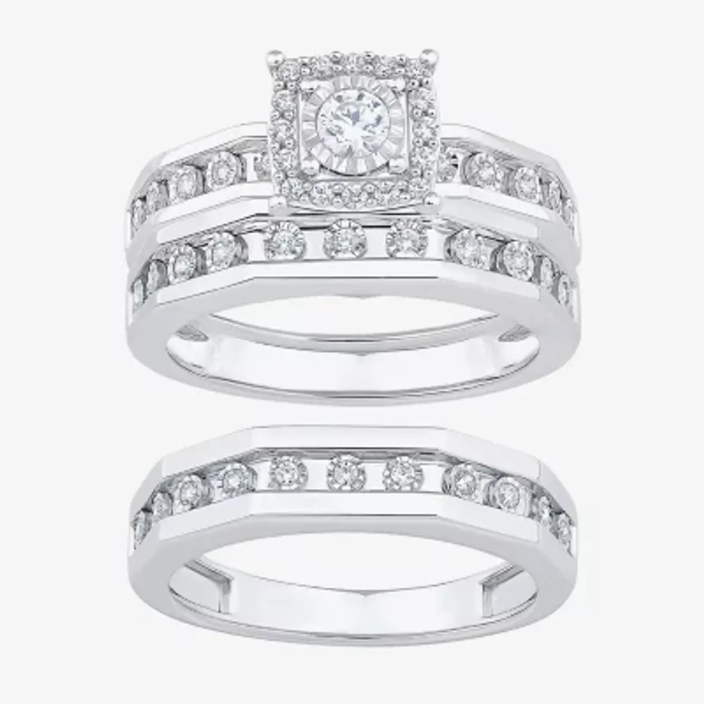 Unisex Adult 3/8 CT. T.W. Natural White Diamond 10K Gold Side Stone Halo Bridal Set