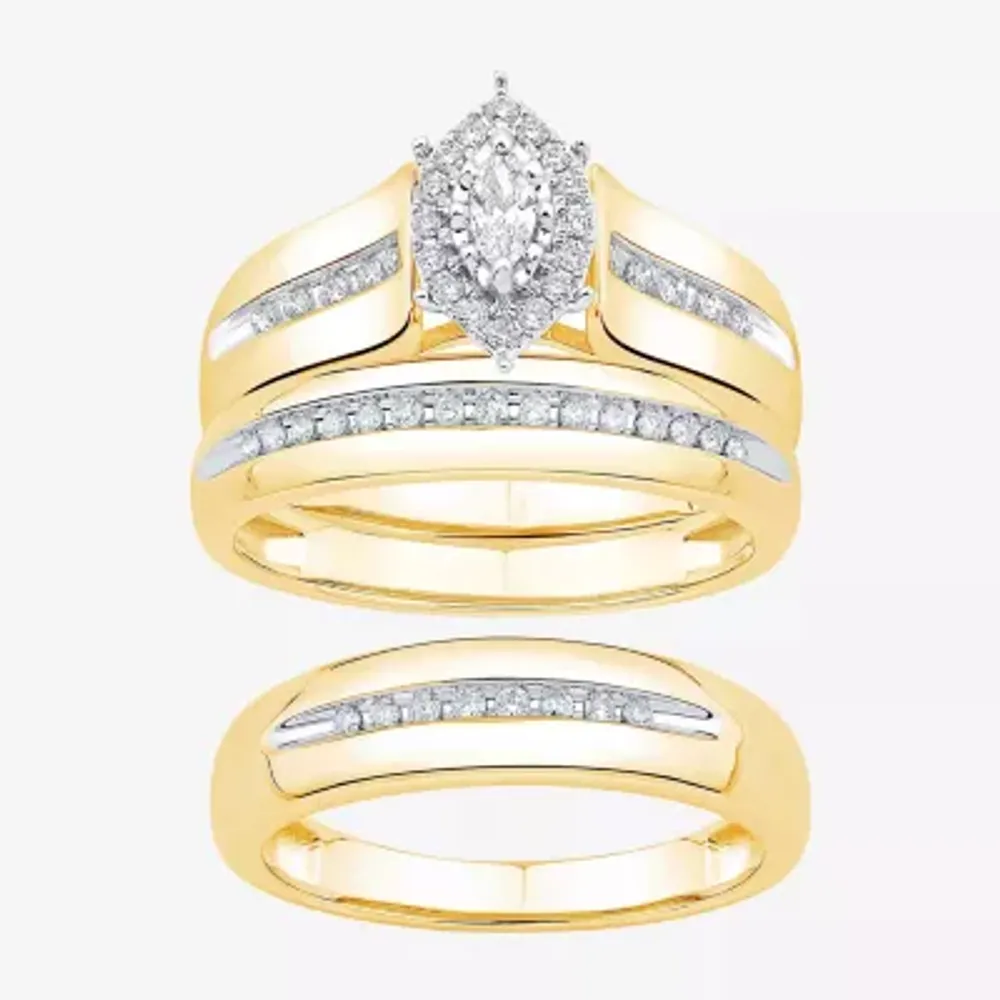 Unisex Adult 3/8 CT. T.W. Natural White Diamond 10K Gold Marquise Side Stone Halo Bridal Set