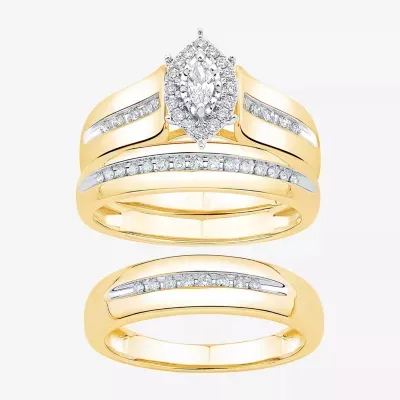 Unisex Adult 3/8 CT. T.W. Natural White Diamond 10K Gold Marquise Side Stone Halo Bridal Set
