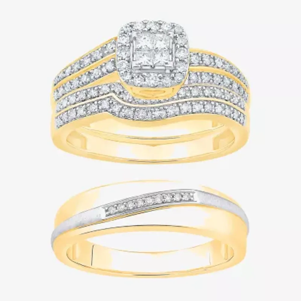 Unisex Adult 1/2 CT. T.W. Natural White Diamond 10K Two Tone Gold Side Stone Halo Bridal Set