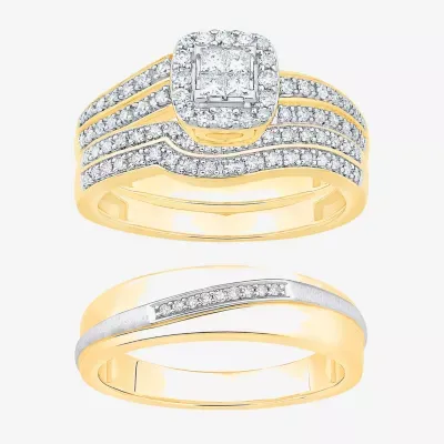 Unisex Adult 1/2 CT. T.W. Natural White Diamond 10K Two Tone Gold Side Stone Halo Bridal Set