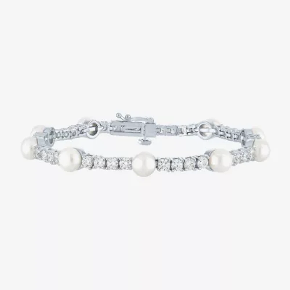 Womens Cultured Freshwater Pearl & Cubic Zirconia Sterling Silver Over Brass Bracelet
