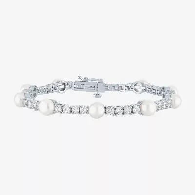 Womens Cultured Freshwater Pearl & Cubic Zirconia Sterling Silver Over Brass Bracelet