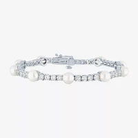 Womens Cultured Freshwater Pearl & Cubic Zirconia Sterling Silver Over Brass Bracelet