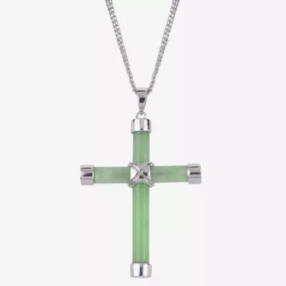 Womens Genuine Green Jade Sterling Silver Cross Pendant Necklace
