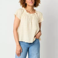 a.n.a Womens Round Neck Short Sleeve Embroidered Blouse