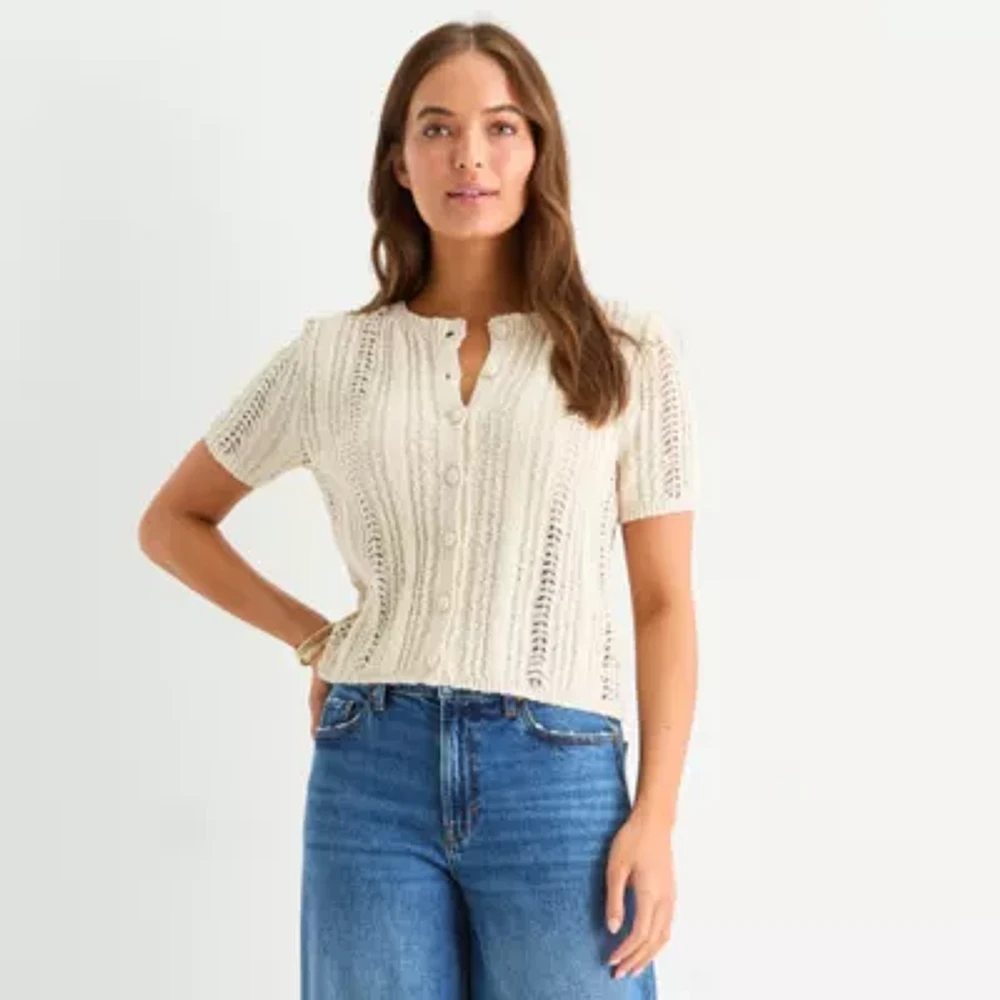 a.n.a Womens Crew Neck Short Sleeve Button Cardigan