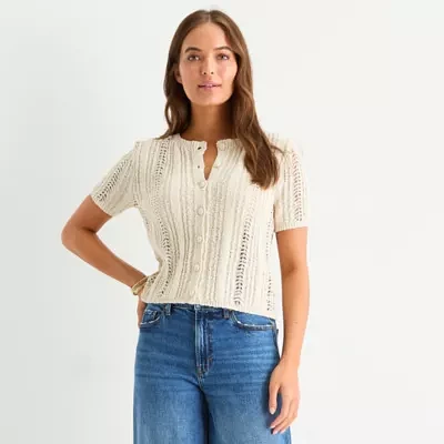 a.n.a Womens Crew Neck Short Sleeve Button Cardigan