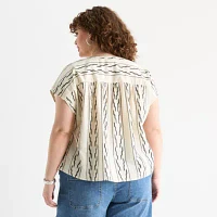 a.n.a Plus Embroidered Womens Short Sleeve Blouse