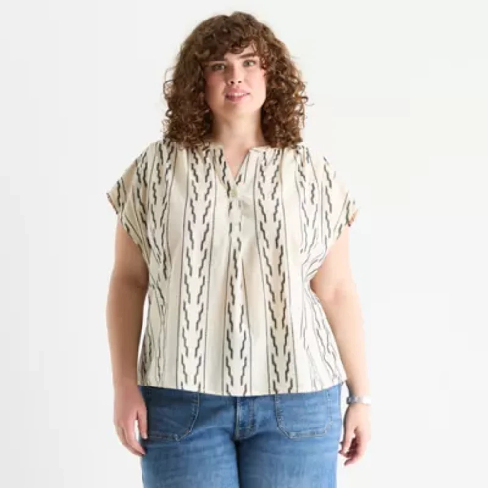 a.n.a Plus Embroidered Womens Short Sleeve Blouse