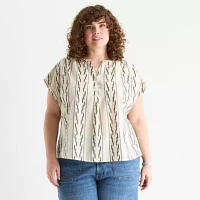 a.n.a Plus Embroidered Womens Short Sleeve Blouse