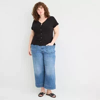 a.n.a Plus Ribbed Womens Short Sleeve Regular Fit Button-Down Shirt