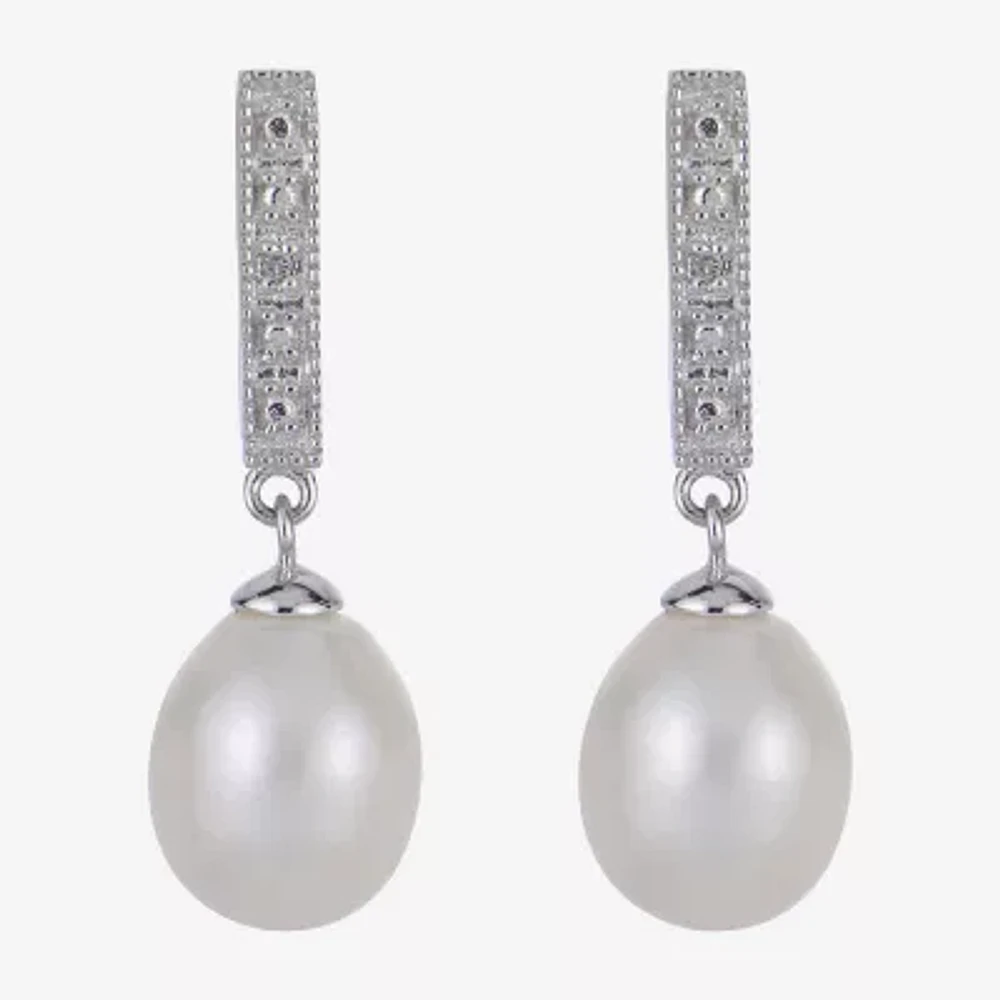 7.5-8Mm Cultured Freshwater Pearl And Diamond Accent Sterling Silver Earrings