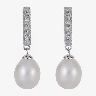 7.5-8Mm Cultured Freshwater Pearl And Diamond Accent Sterling Silver Earrings