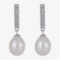 7.5-8Mm Cultured Freshwater Pearl And Diamond Accent Sterling Silver Earrings