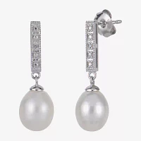 7.5-8Mm Cultured Freshwater Pearl And Diamond Accent Sterling Silver Earrings