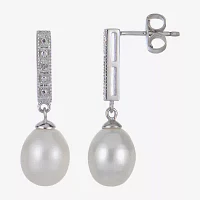 7.5-8Mm Cultured Freshwater Pearl And Diamond Accent Sterling Silver Earrings