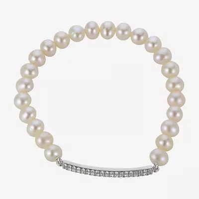 Cultured Freshwater Pearl & Crystal Bar Stretch Bracelet