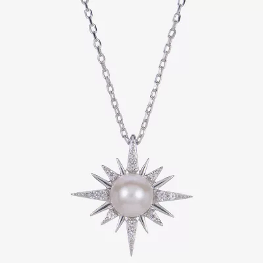 North Star Womens White Cultured Freshwater Pearl Sterling Silver Star Pendant Necklaces