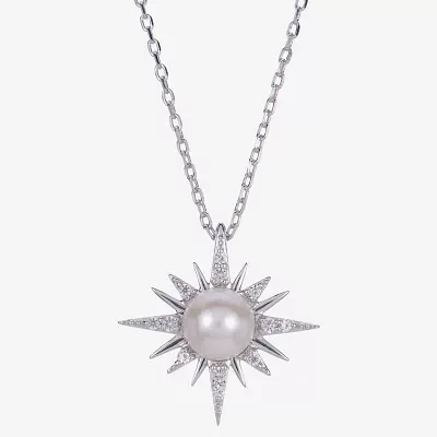 North Star Womens White Cultured Freshwater Pearl Sterling Silver Star Pendant Necklaces